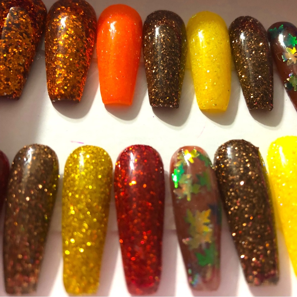 Handmade Custom Press on Nails Long Coffin UV Gel Glitter Metallic Fall Leaves - Picture 4 of 10